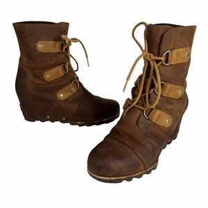 Sorel Joan of Arctic Wedge Mid Boots Elk Brown Waterproof Leather Size 10.5